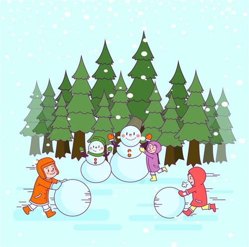 卡通儿童堆雪人插画