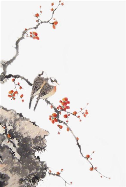 中国风桃花山鸟水墨画