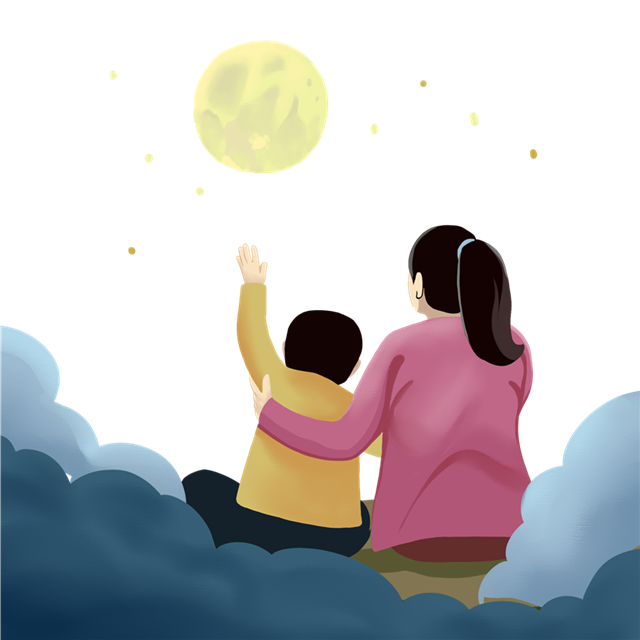 母子赏月背影